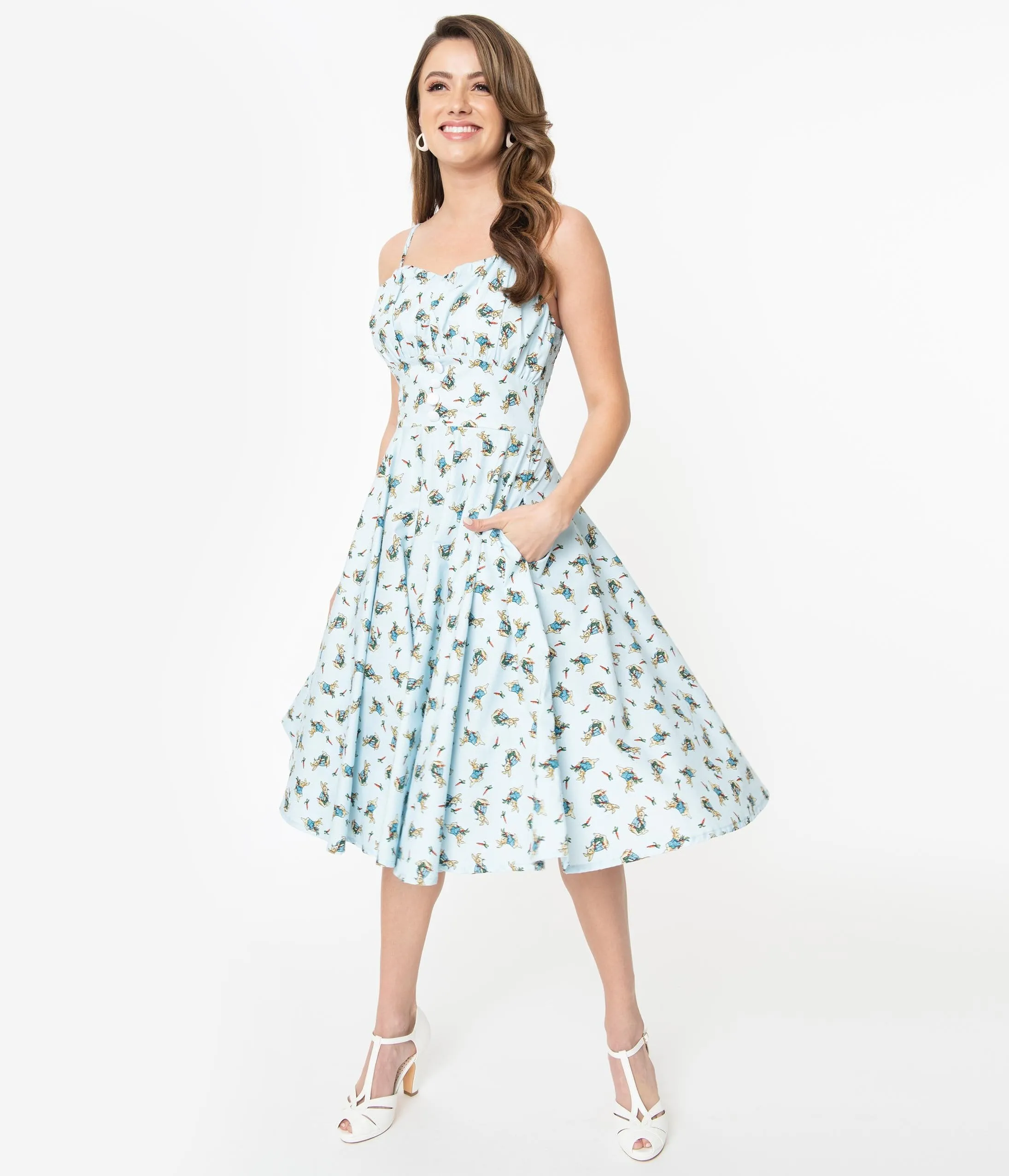 1950s Light Blue Bunny Print Dolly Swing Dress