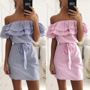 2017 New Summer Dresses Fashion Women Cute Casual Sexy Slash Neck Off Shoulder Ruffles Stripe Cotton Linen Mini Dress Vestidos