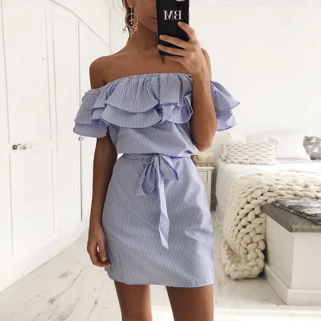 2017 New Summer Dresses Fashion Women Cute Casual Sexy Slash Neck Off Shoulder Ruffles Stripe Cotton Linen Mini Dress Vestidos