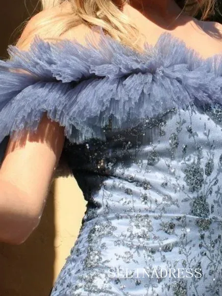 A-line Off-the-shoulder Blue Lace Homecoming Dress #EWR713