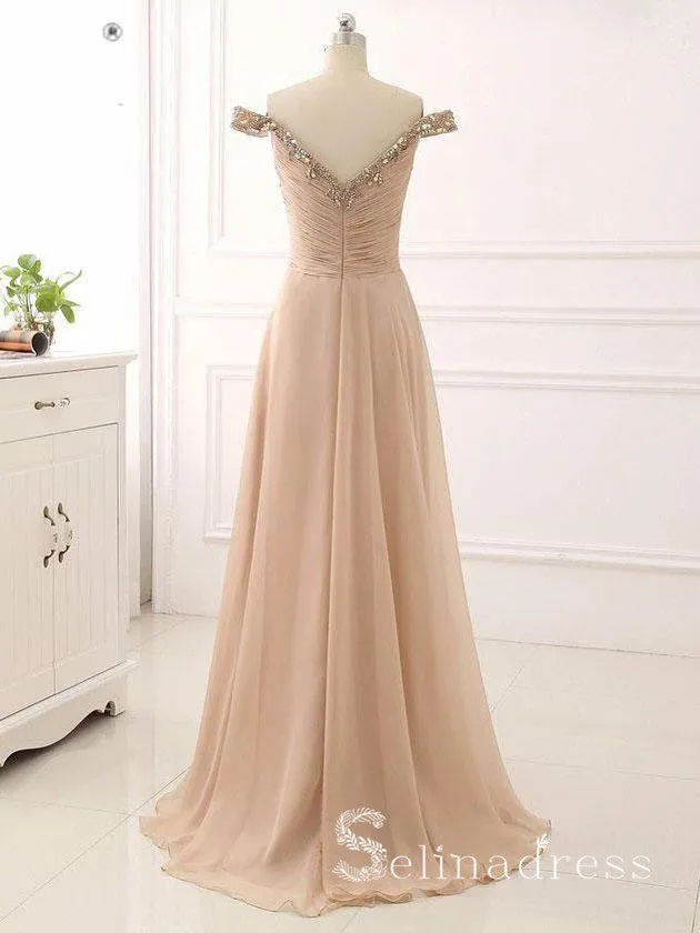 A-line Off-the-shoulder Long Prom Dress Vintage Beaded Formal Dress Ruffles Evening Dress SED032
