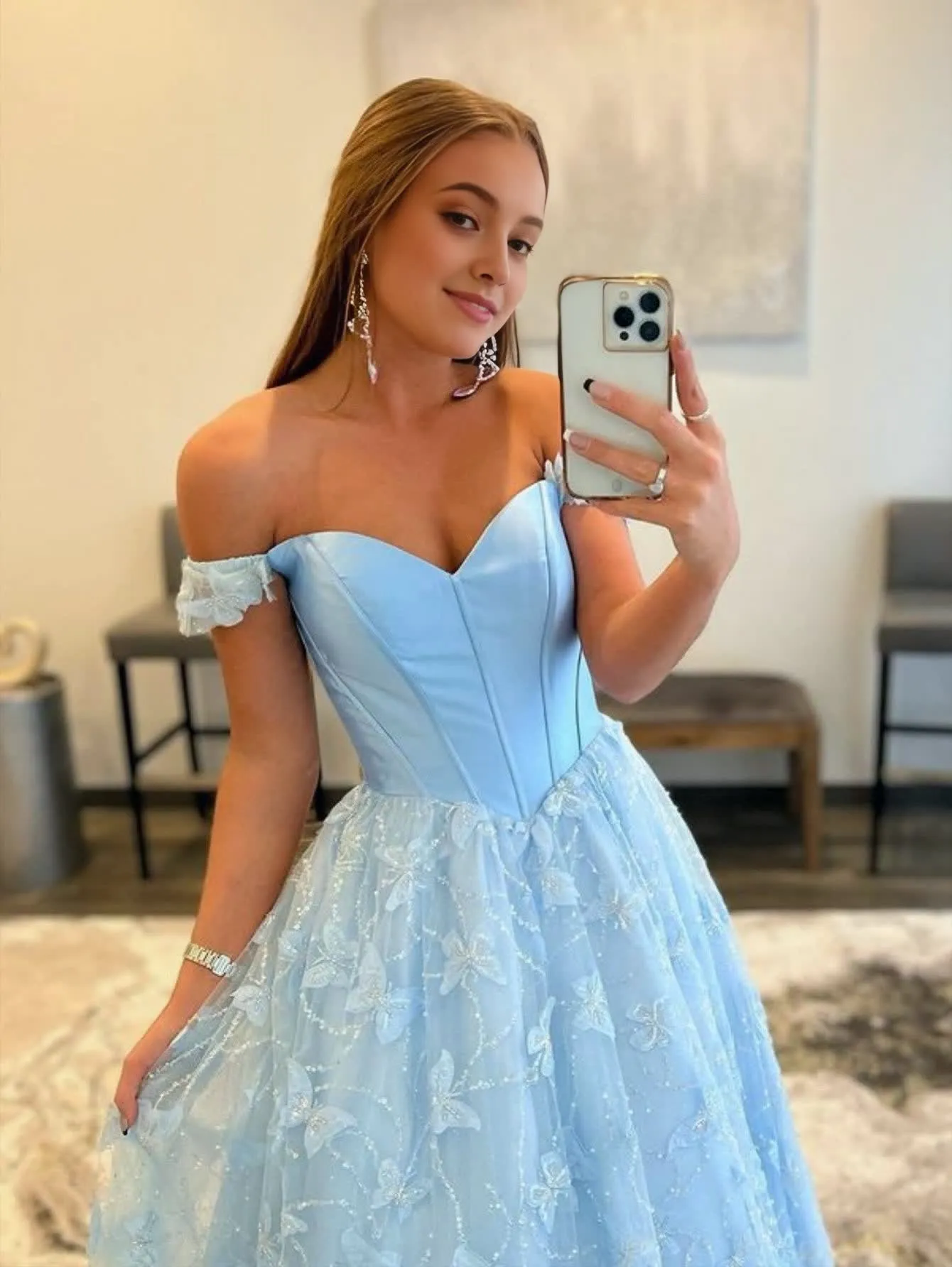 A Line Off the Shoulder Satin Lace Prom Dress