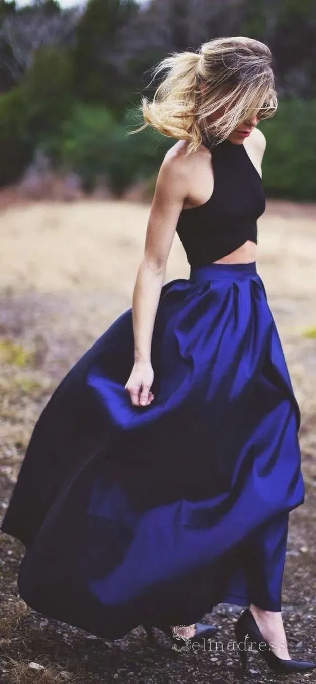A-line Two Piece Long Prom Dresses Hunter Green Prom Dress Satin Evening Dress #SED188