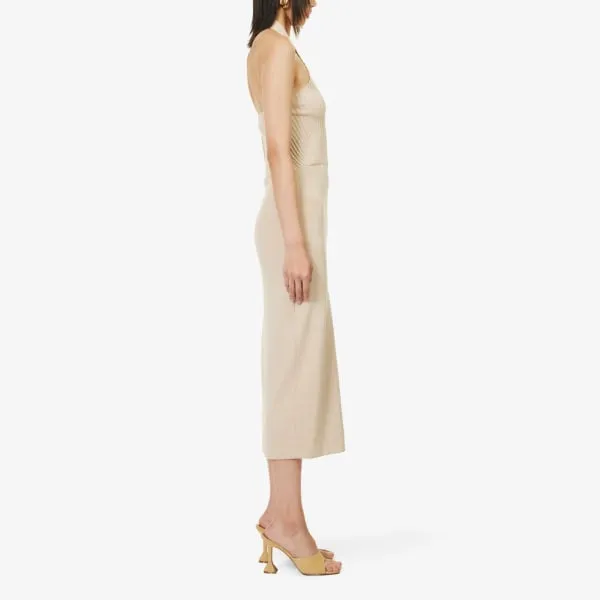 Amy Lynn Slim Knitted Midi Dress with Halter Neck, Beige