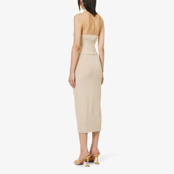 Amy Lynn Slim Knitted Midi Dress with Halter Neck, Beige