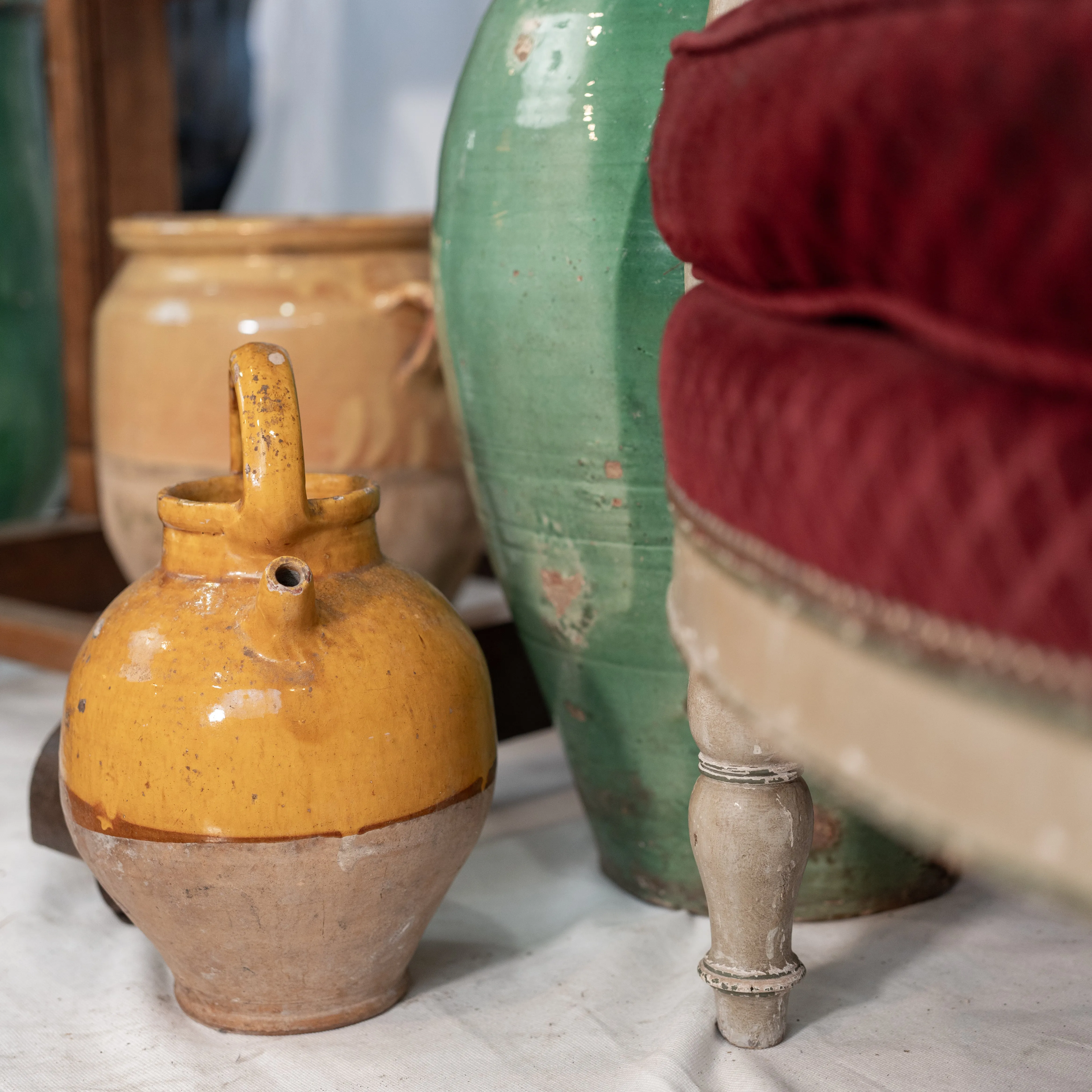 Antique French cruche w/ bright yellow demi glaze
