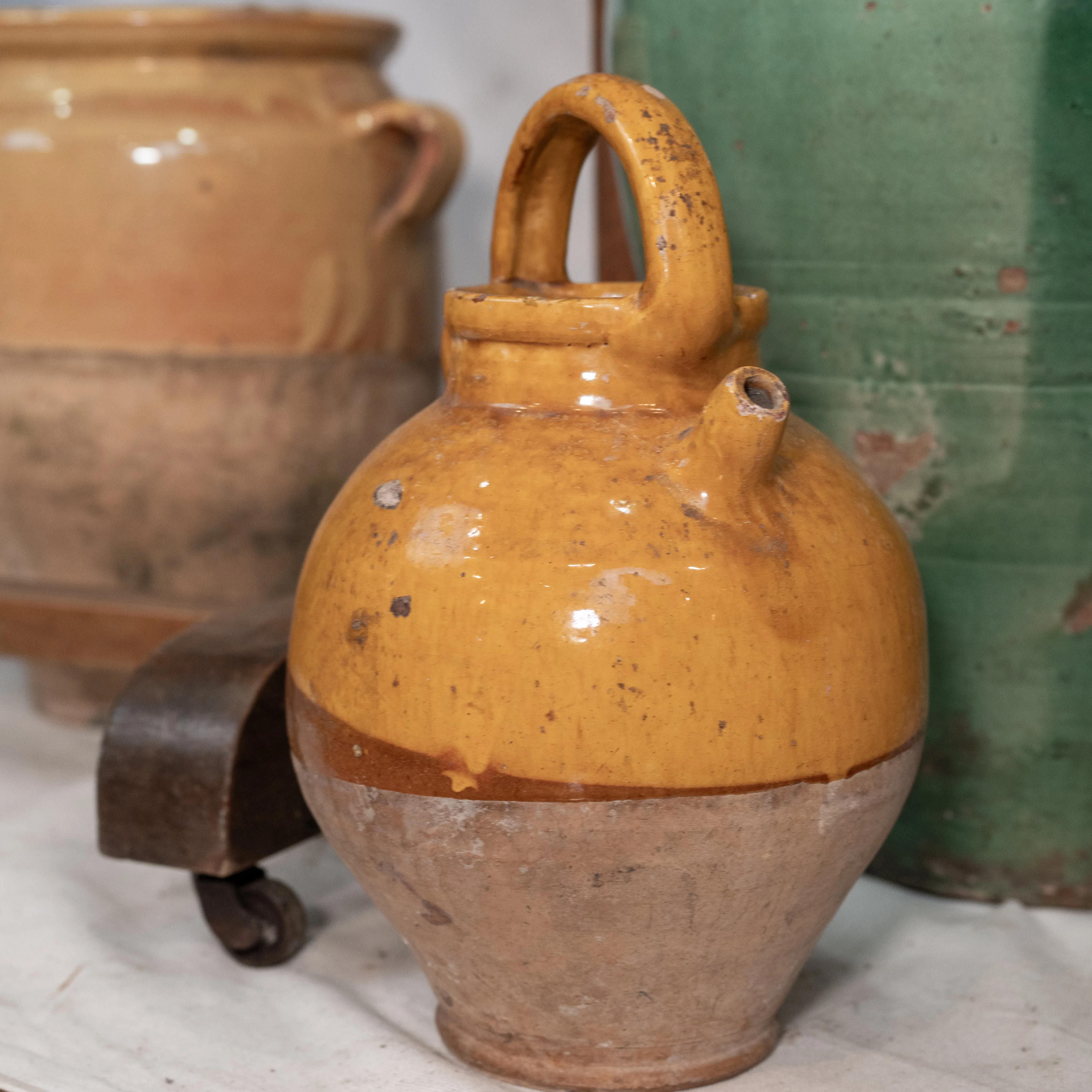 Antique French cruche w/ bright yellow demi glaze