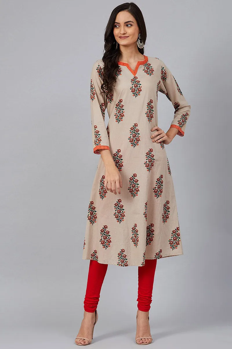 Beige Cotton A-Line Kurta
