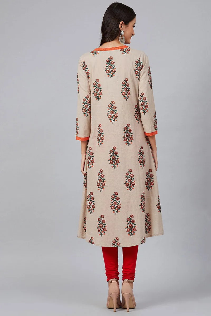 Beige Cotton A-Line Kurta
