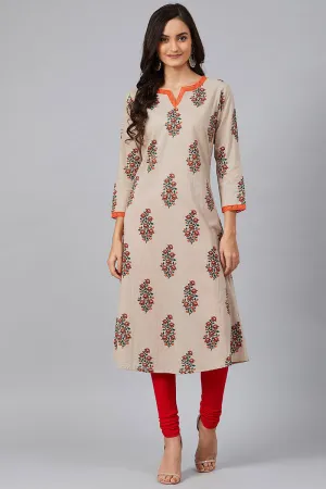 Beige Cotton A-Line Kurta