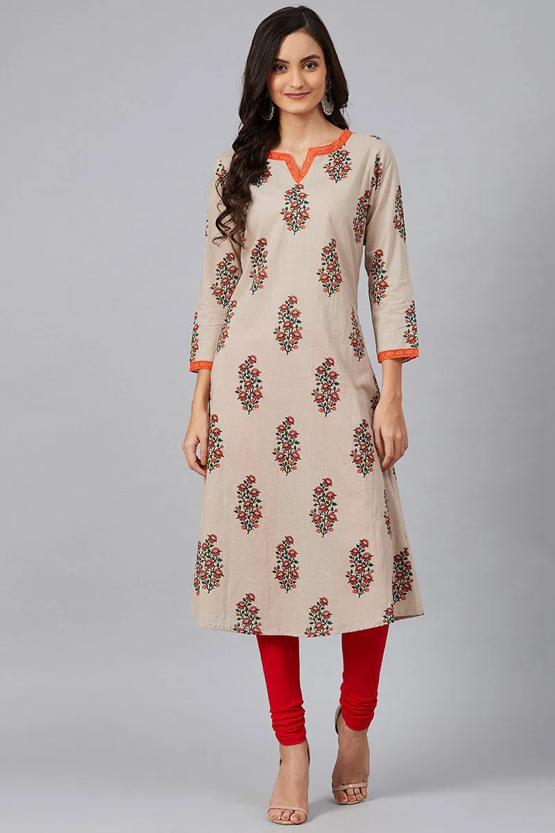 Beige Cotton A-Line Kurta