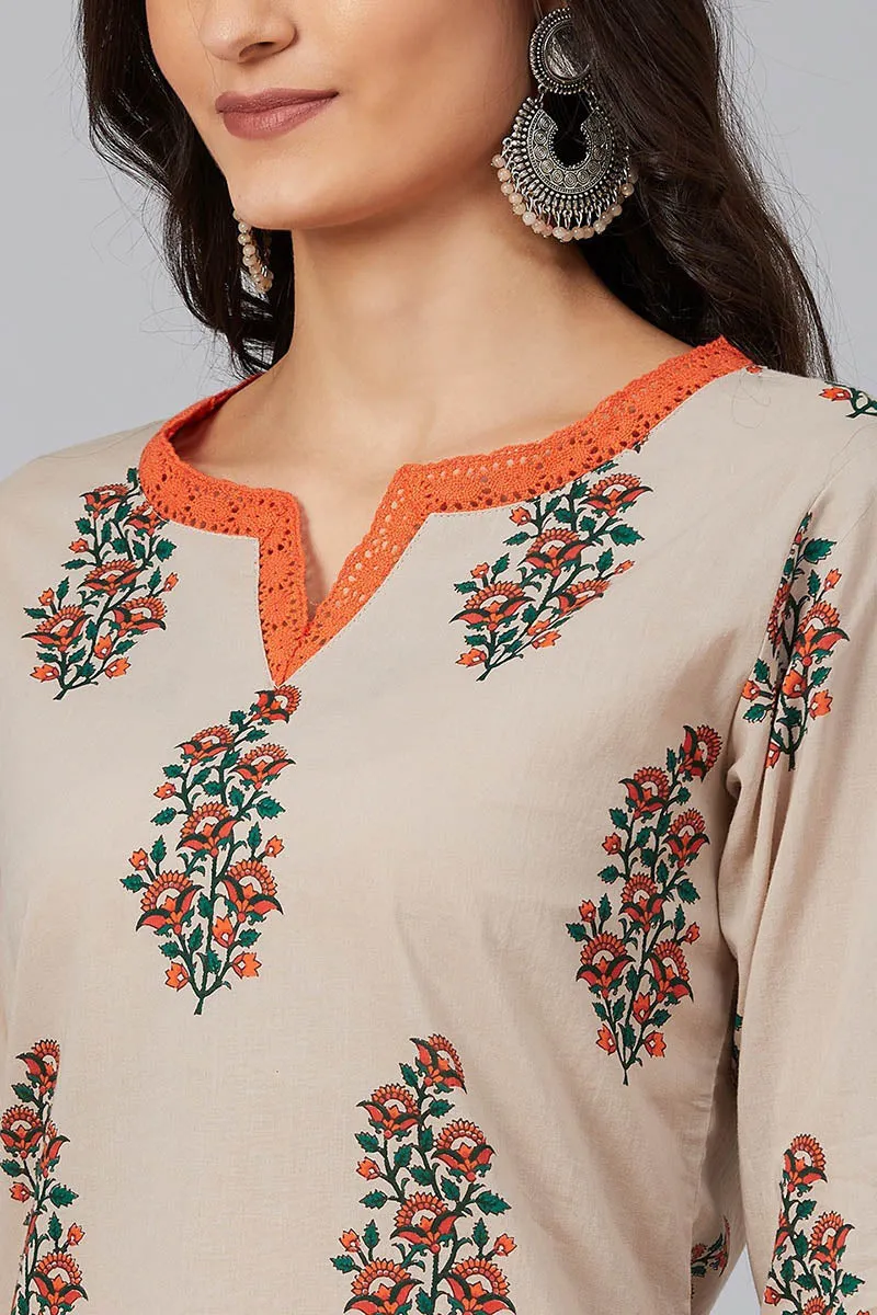 Beige Cotton A-Line Kurta