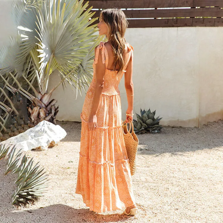 Bohemian Print Strappy Backless Wooden Ears Dress Wholesale Dresses