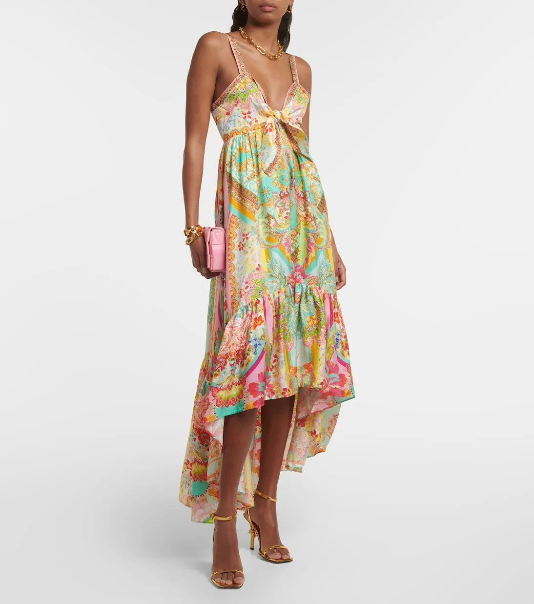 Camilla Printed Silk Ruffle Midi Dress, Multicolor
