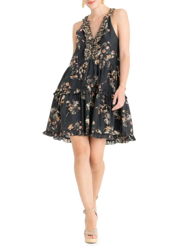 Cape Town Isabel Secret Mission Tiered Floral Mini Dress in Mixed Black