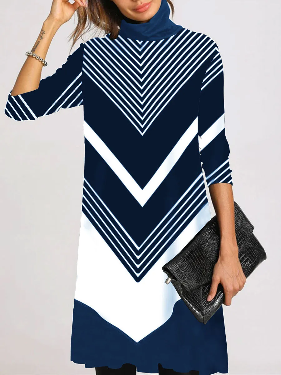 Casual Striped Long Sleeve High Neck Dress