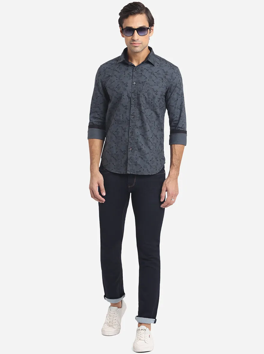Dark Grey Printed Slim Fit Semi Casual Shirt | Greenfibre
