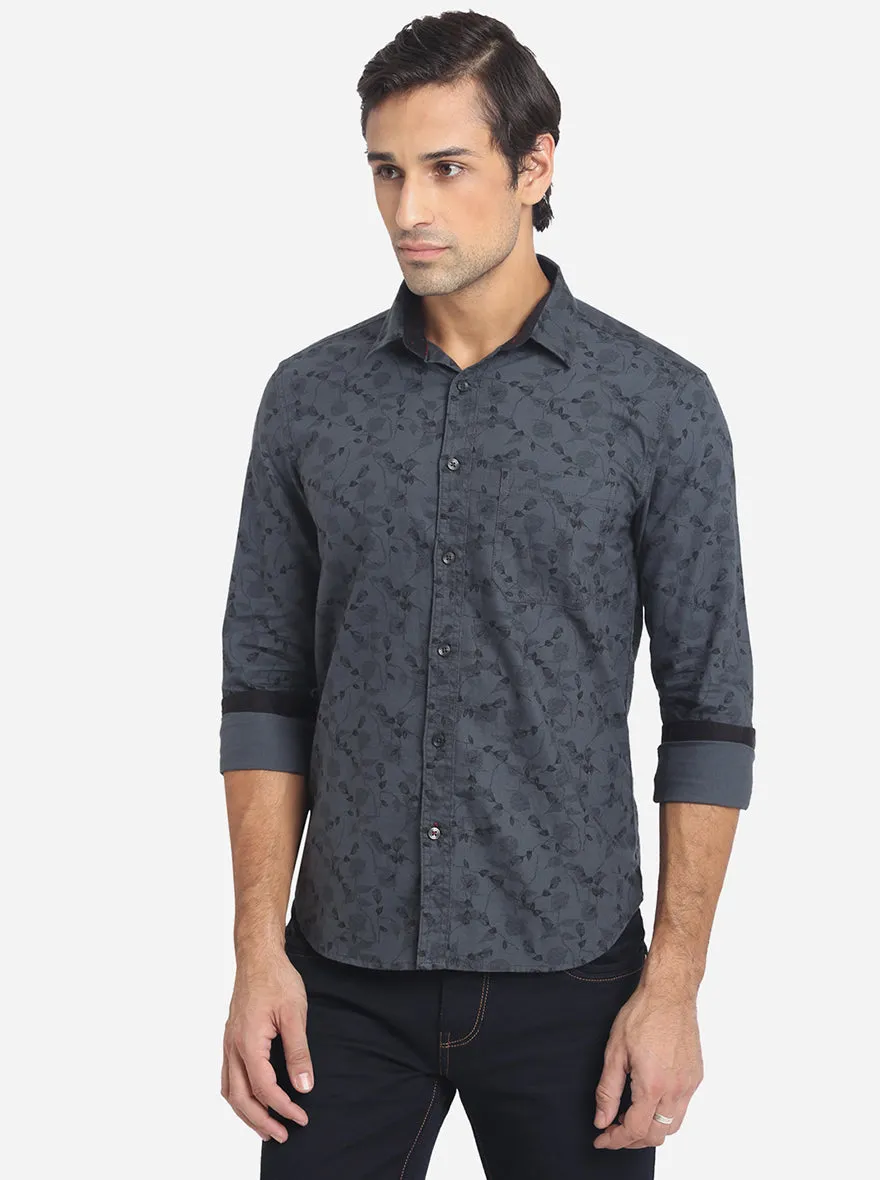 Dark Grey Printed Slim Fit Semi Casual Shirt | Greenfibre