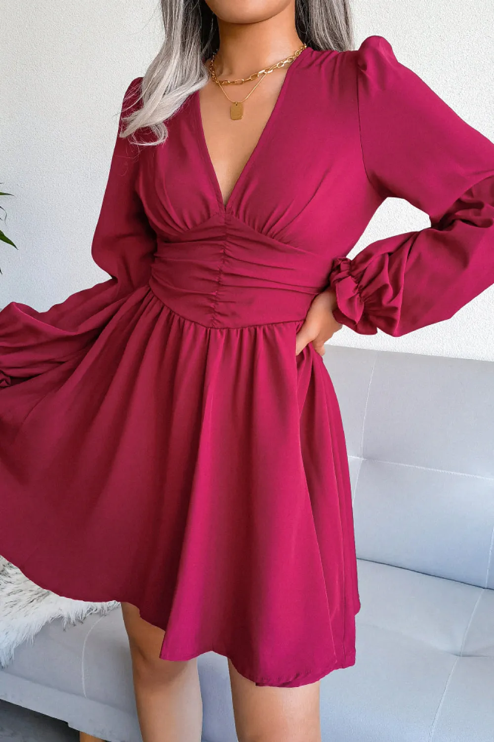 Deep V Puff Sleeve Ruched Mini Dress