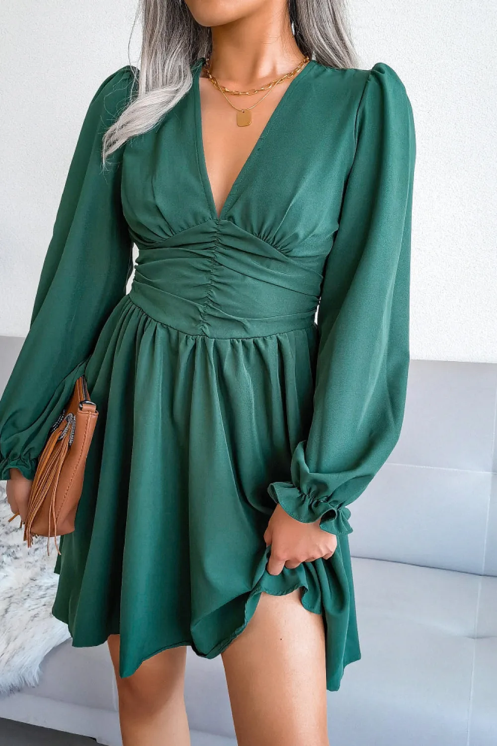 Deep V Puff Sleeve Ruched Mini Dress