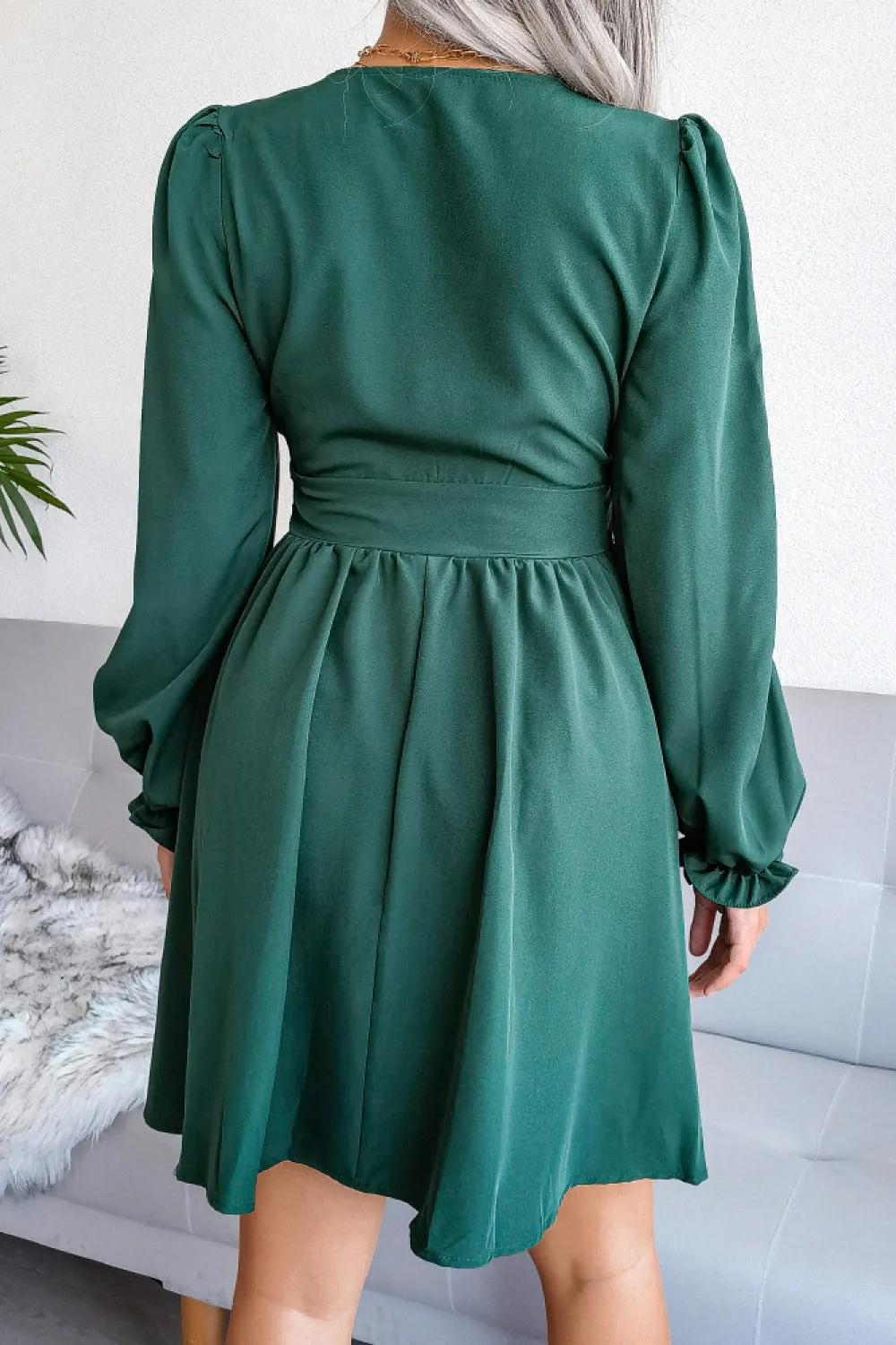 Deep V Puff Sleeve Ruched Mini Dress