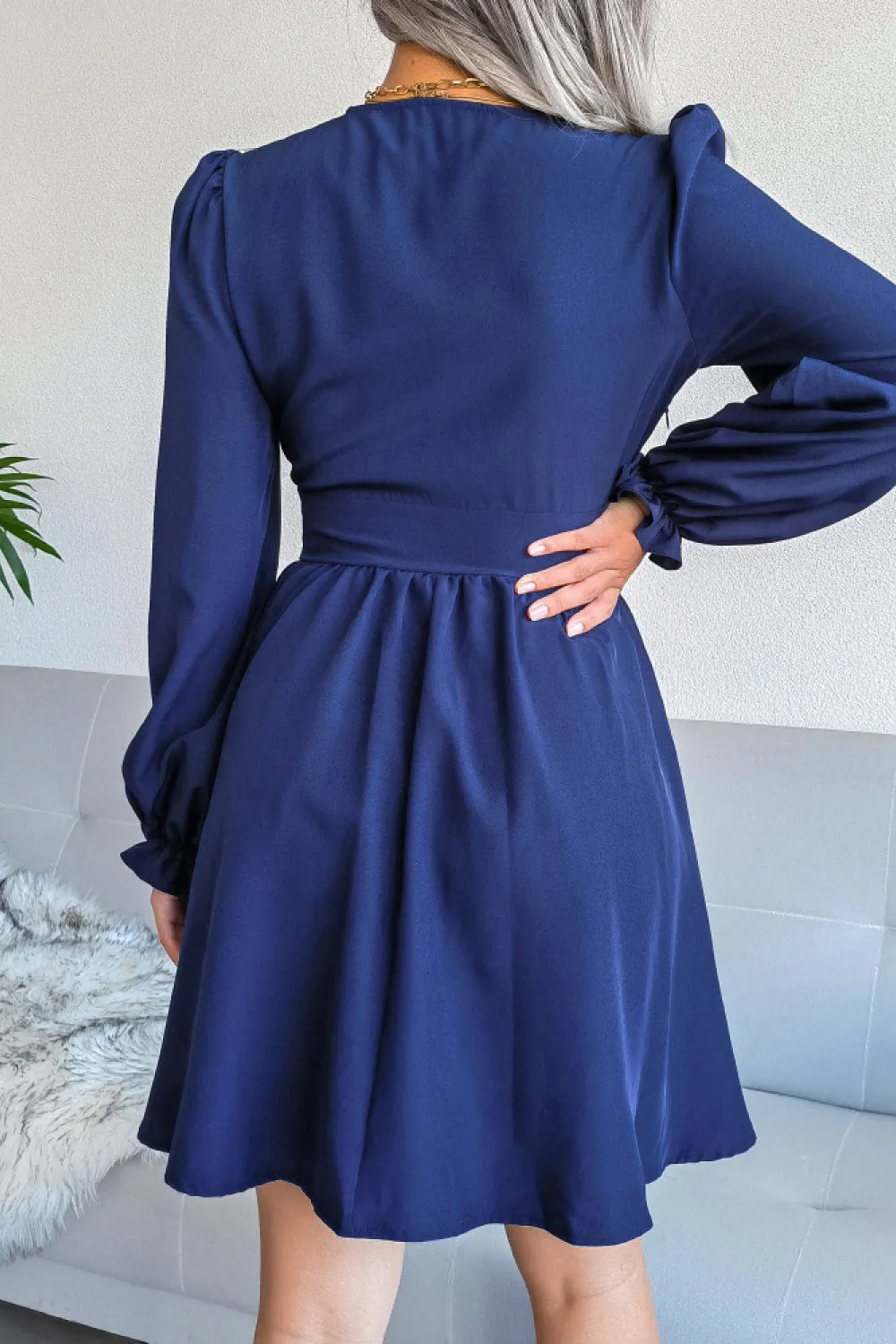 Deep V Puff Sleeve Ruched Mini Dress