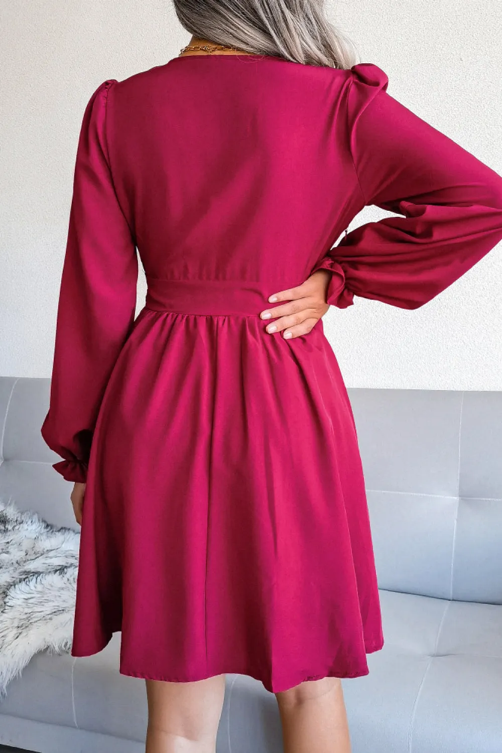 Deep V Puff Sleeve Ruched Mini Dress