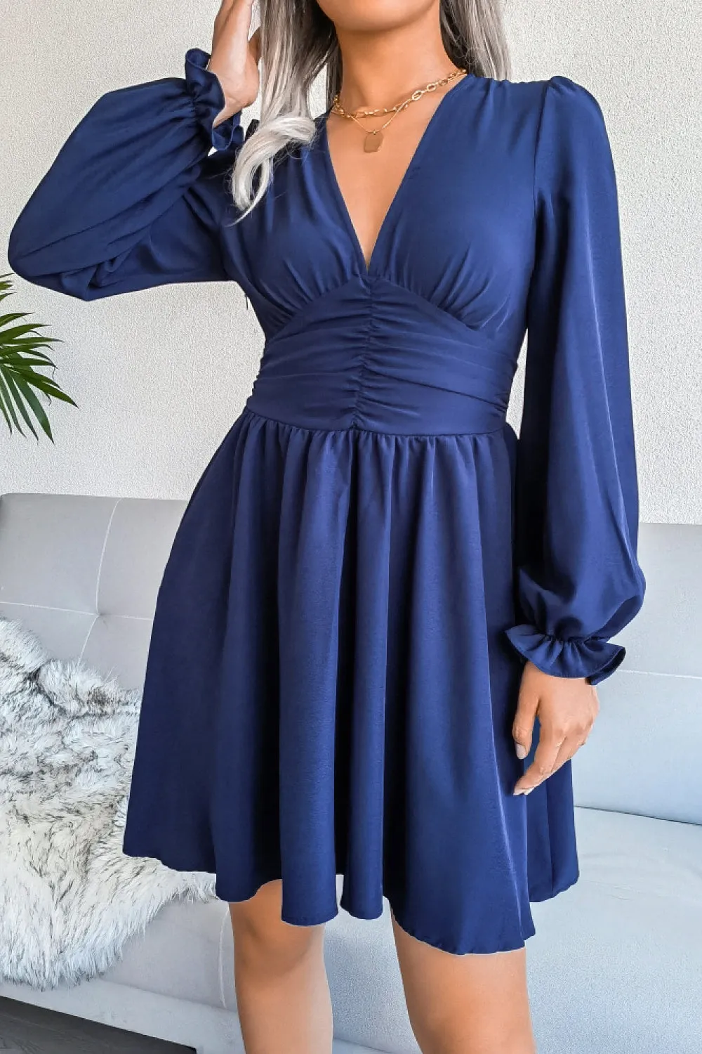 Deep V Puff Sleeve Ruched Mini Dress