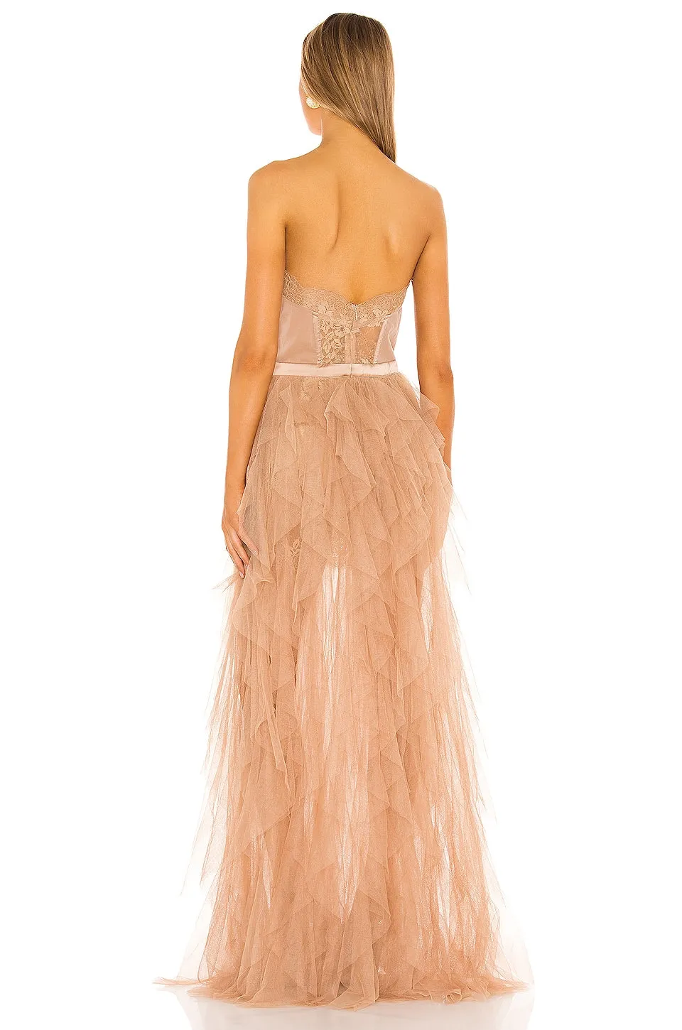 Elegant Warm Taupe Bustier Gown Dress from Love & Lemons X REVOLVE