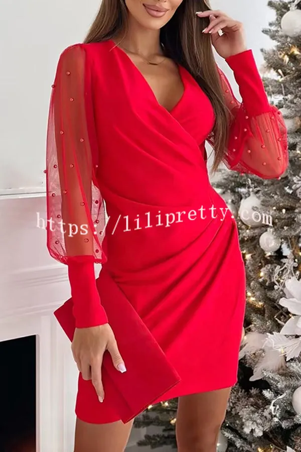 Fun Printed V Neck Lace Tulle Long Sleeved Hip Hugging Waist Dress