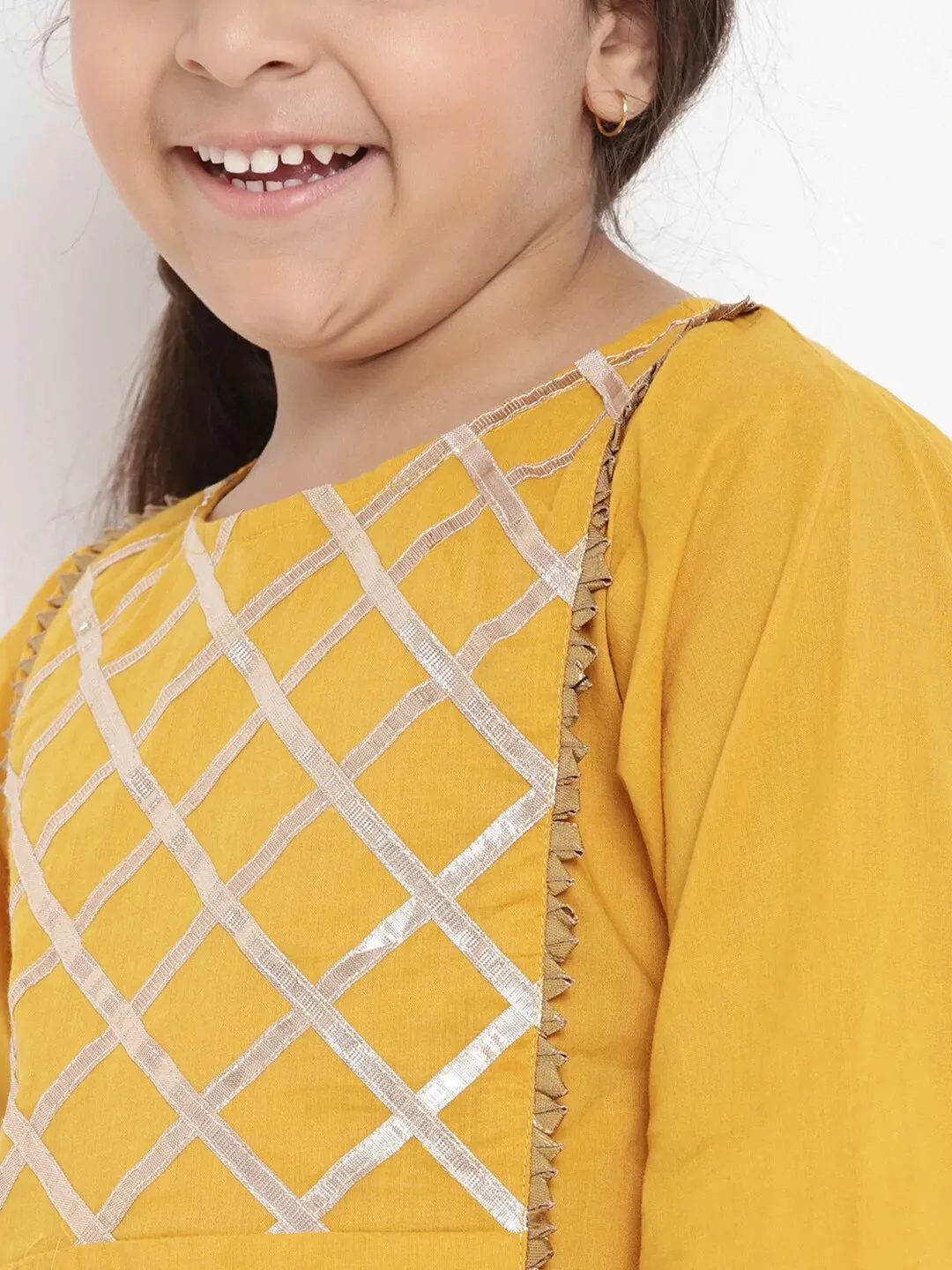 Girls Mustard Yellow Embroidered Kurti With Palazzos