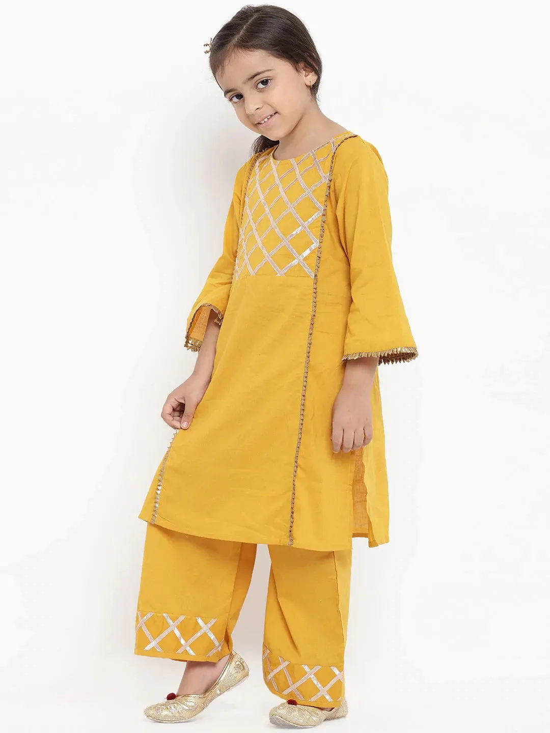 Girls Mustard Yellow Embroidered Kurti With Palazzos