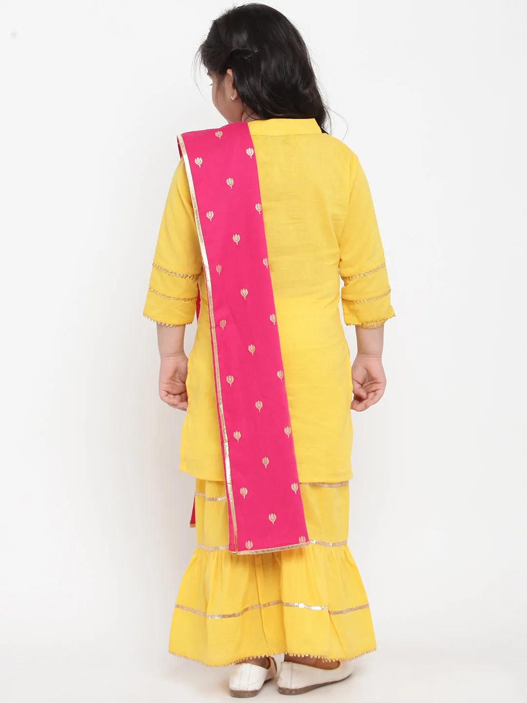 Girls Yellow Solid Kurta With Sharara & Pink Dupatta
