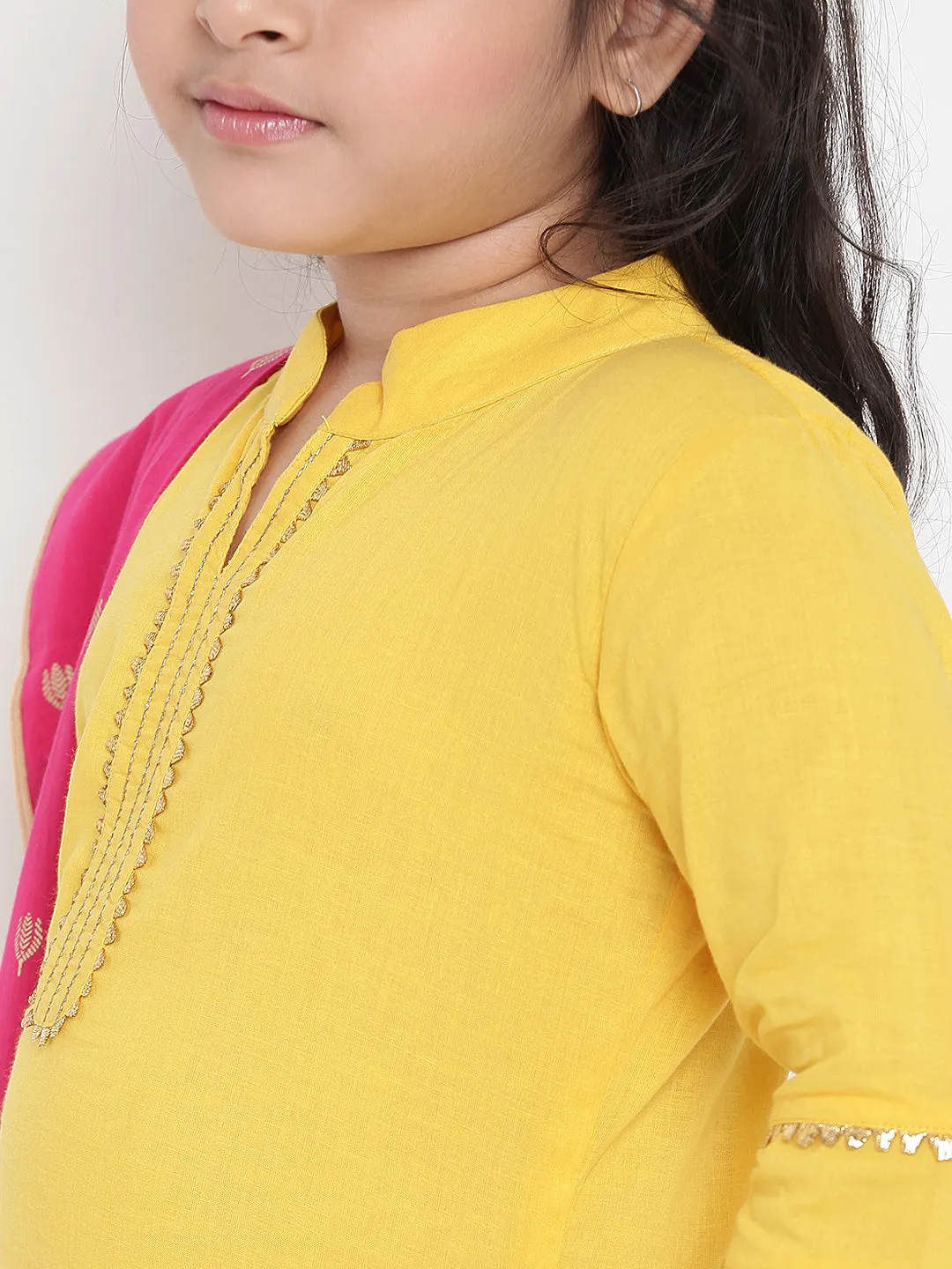Girls Yellow Solid Kurta With Sharara & Pink Dupatta