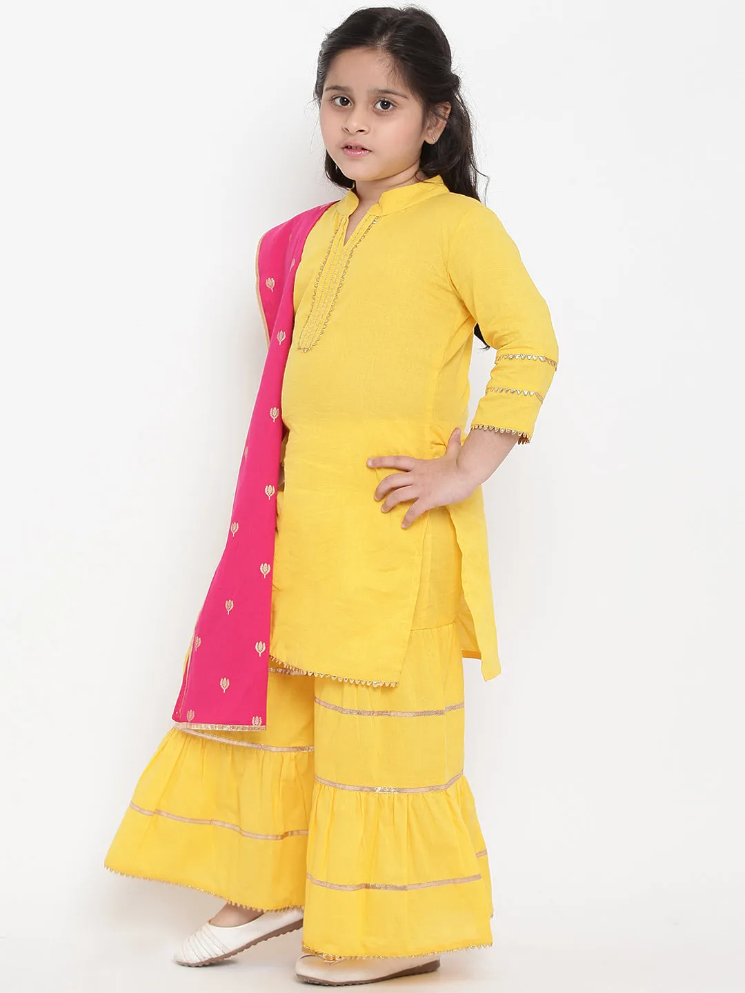 Girls Yellow Solid Kurta With Sharara & Pink Dupatta