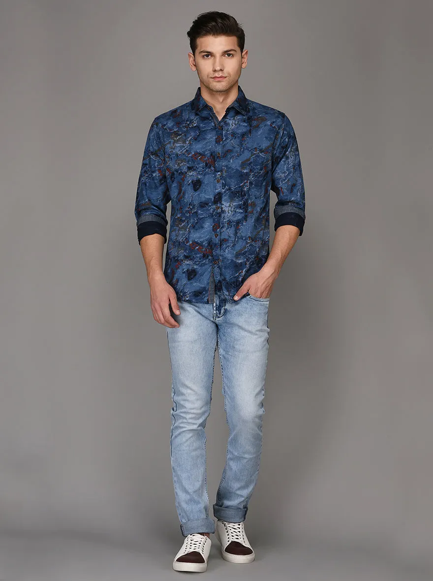 Greenfibre Blue Printed Slim Fit Casual Shirt