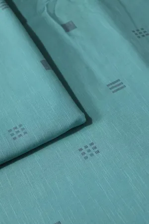 Grey And Teal Geometric Pattern On Handwoven Organic Cotton Fabric