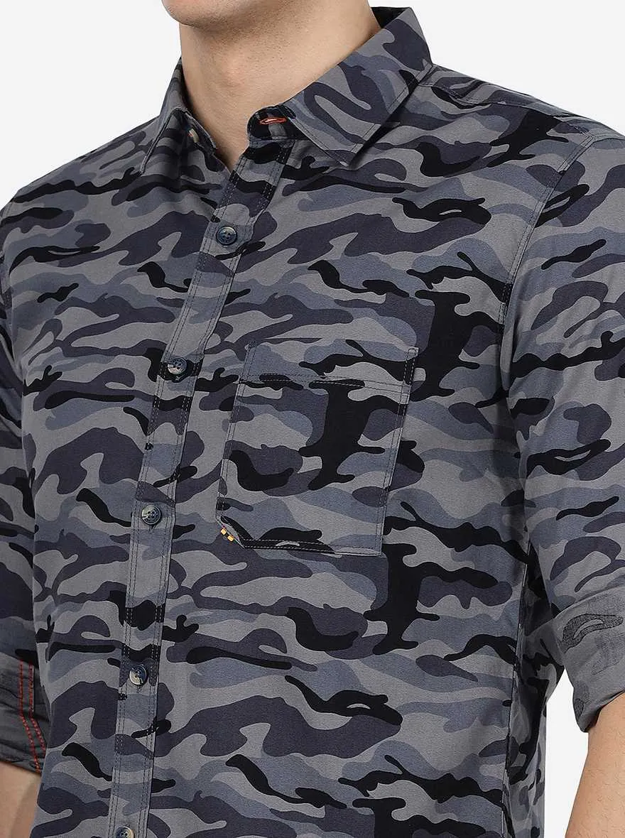 Grey Camo Printed Slim Fit Casual Shirt | JadeBlue