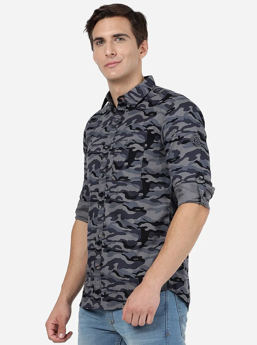 Grey Camo Printed Slim Fit Casual Shirt | JadeBlue