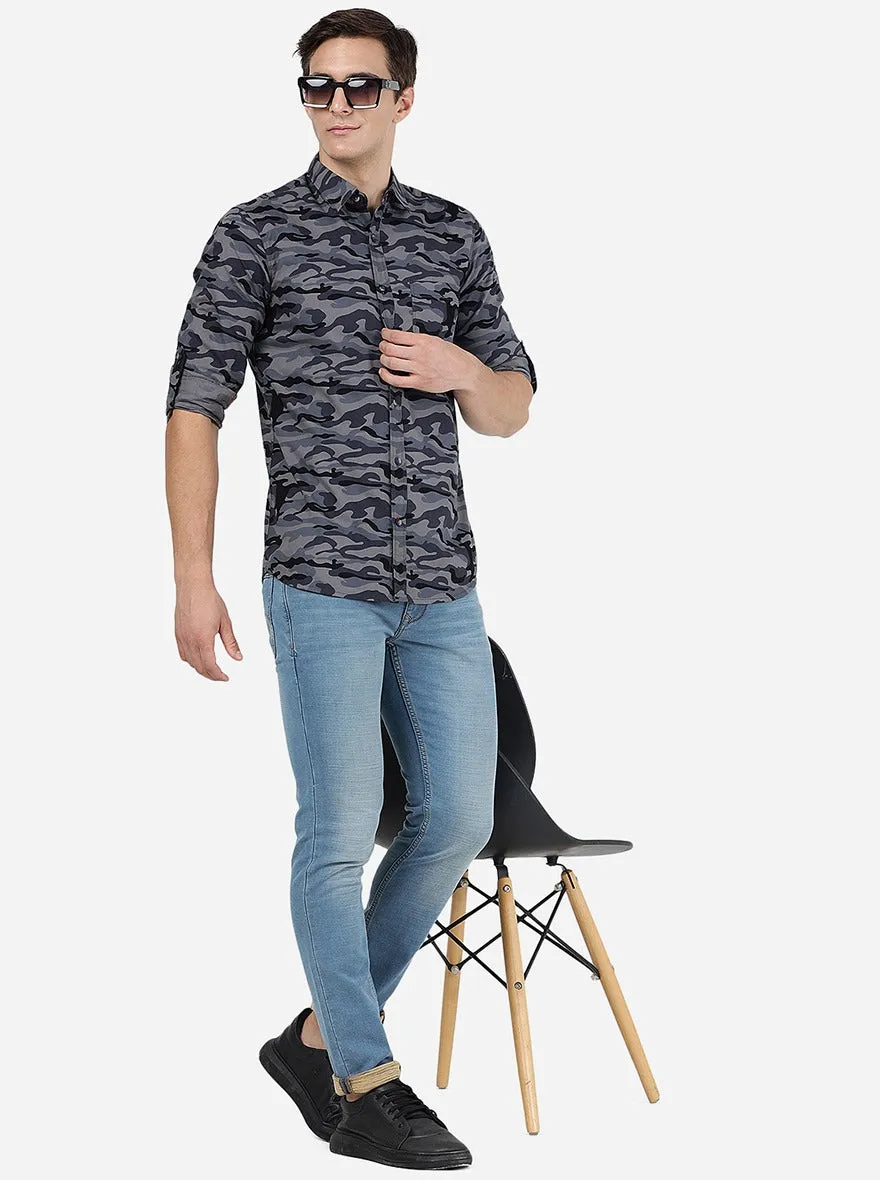 Grey Camo Printed Slim Fit Casual Shirt | JadeBlue