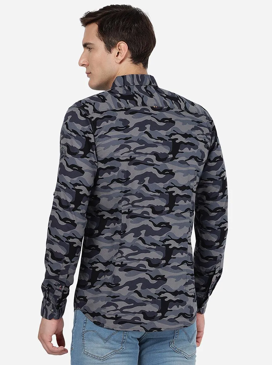 Grey Camo Printed Slim Fit Casual Shirt | JadeBlue