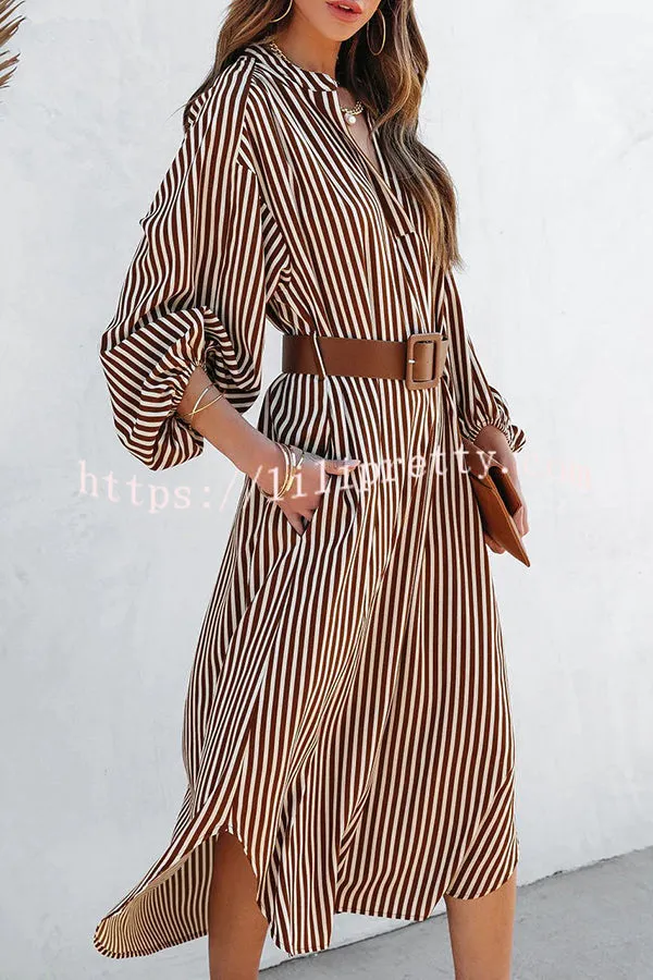 Here We Go Striped Pocketed Belted Shirt Midi Dress