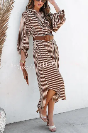 Here We Go Striped Pocketed Belted Shirt Midi Dress