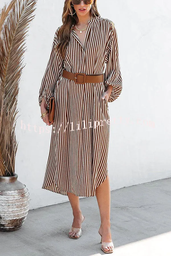 Here We Go Striped Pocketed Belted Shirt Midi Dress