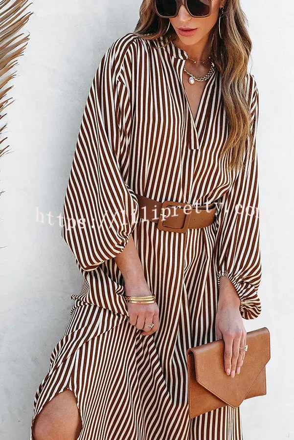 Here We Go Striped Pocketed Belted Shirt Midi Dress