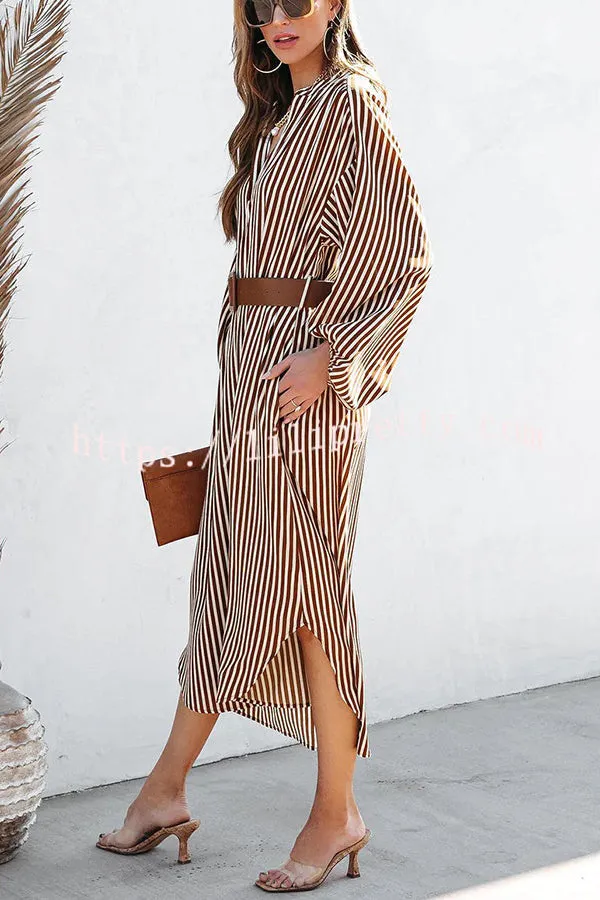 Here We Go Striped Pocketed Belted Shirt Midi Dress