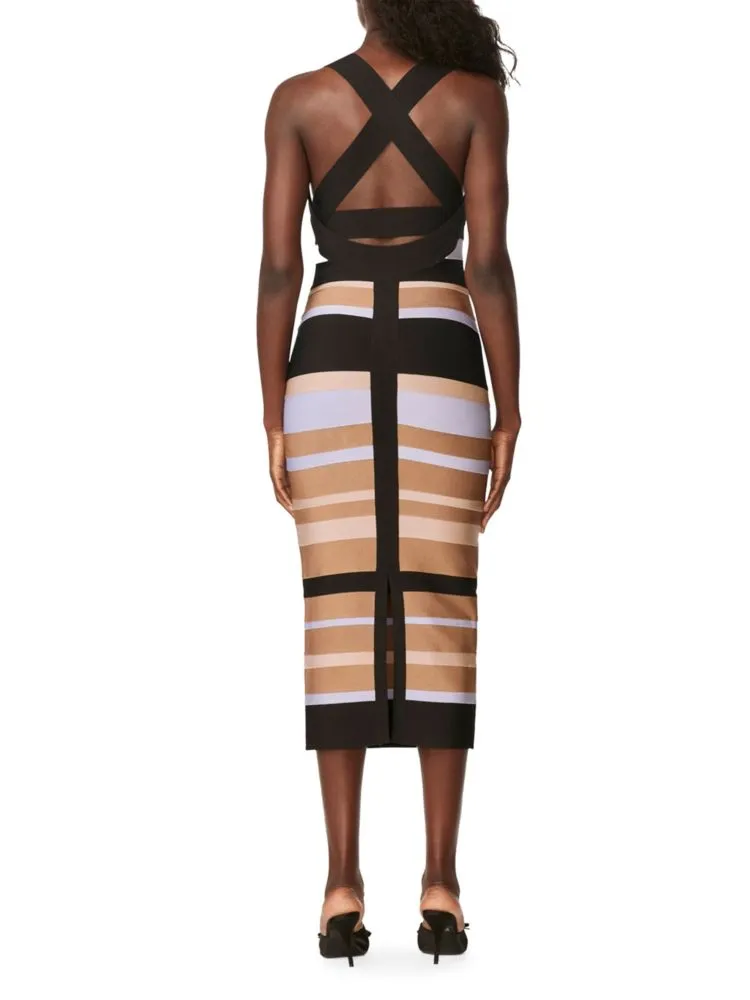 Herve Leger striped midi dress with bandage, white