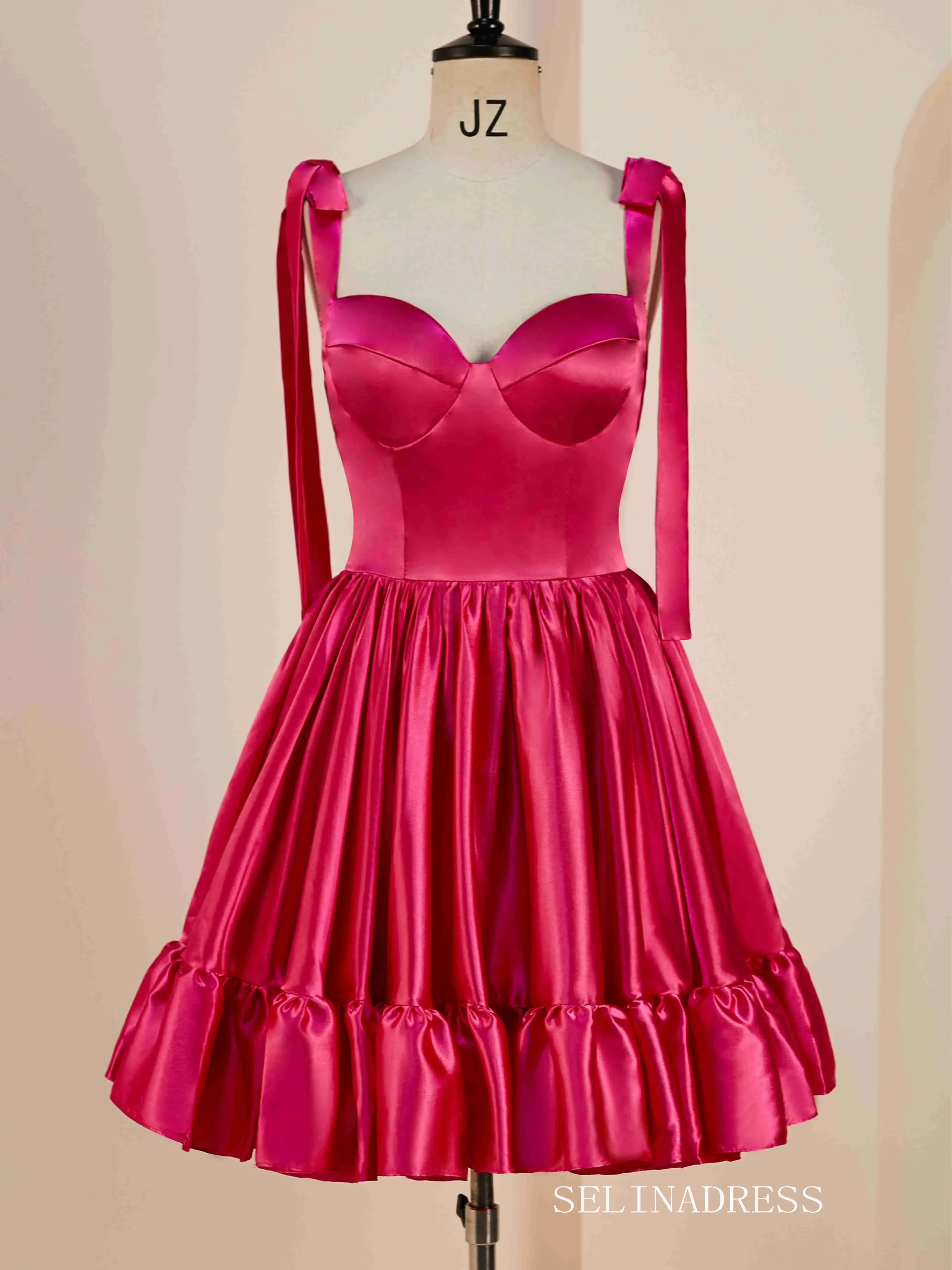 Hot Pink Bow Tie Ruffle Short Homecoming Dress JKW011