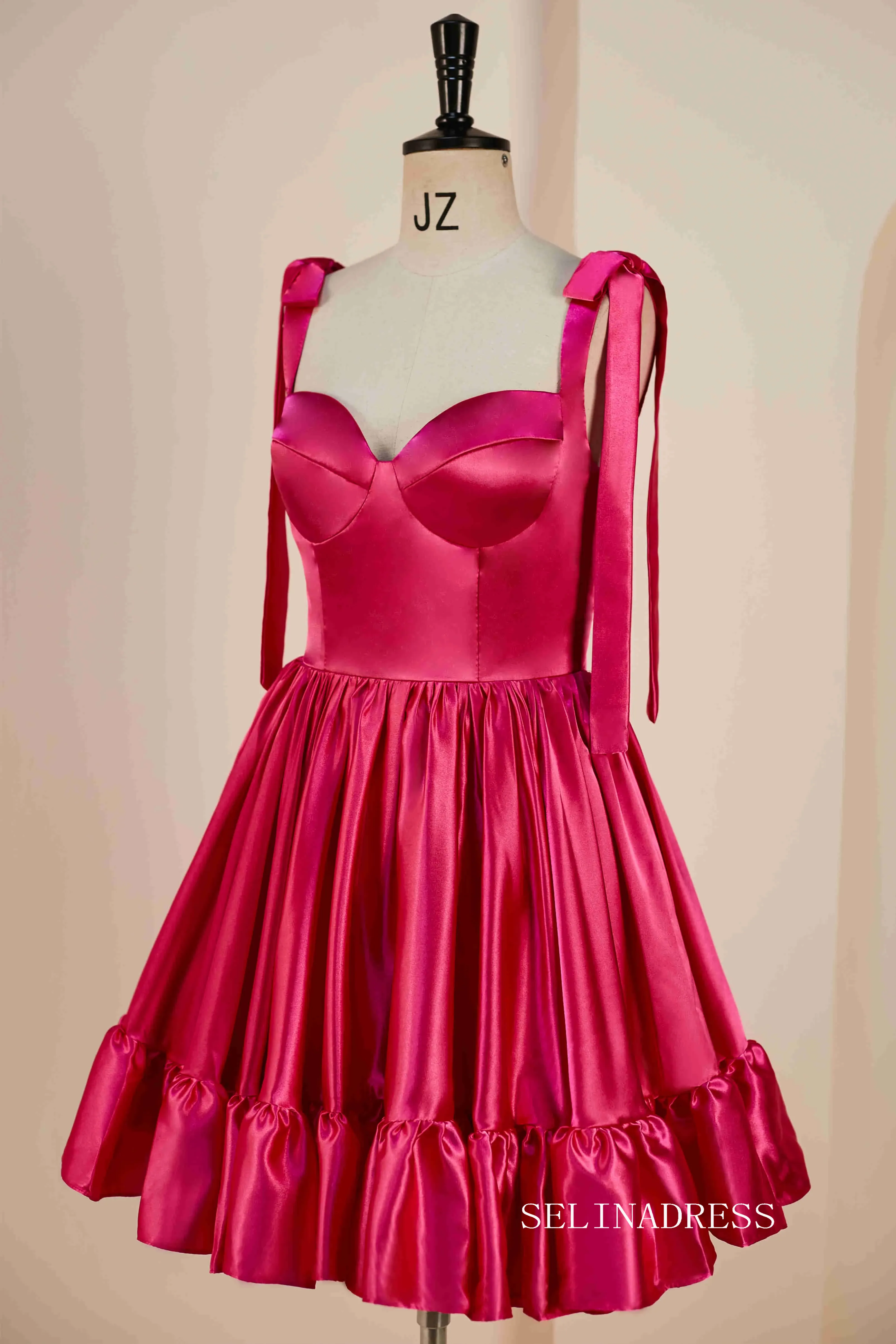Hot Pink Bow Tie Ruffle Short Homecoming Dress JKW011