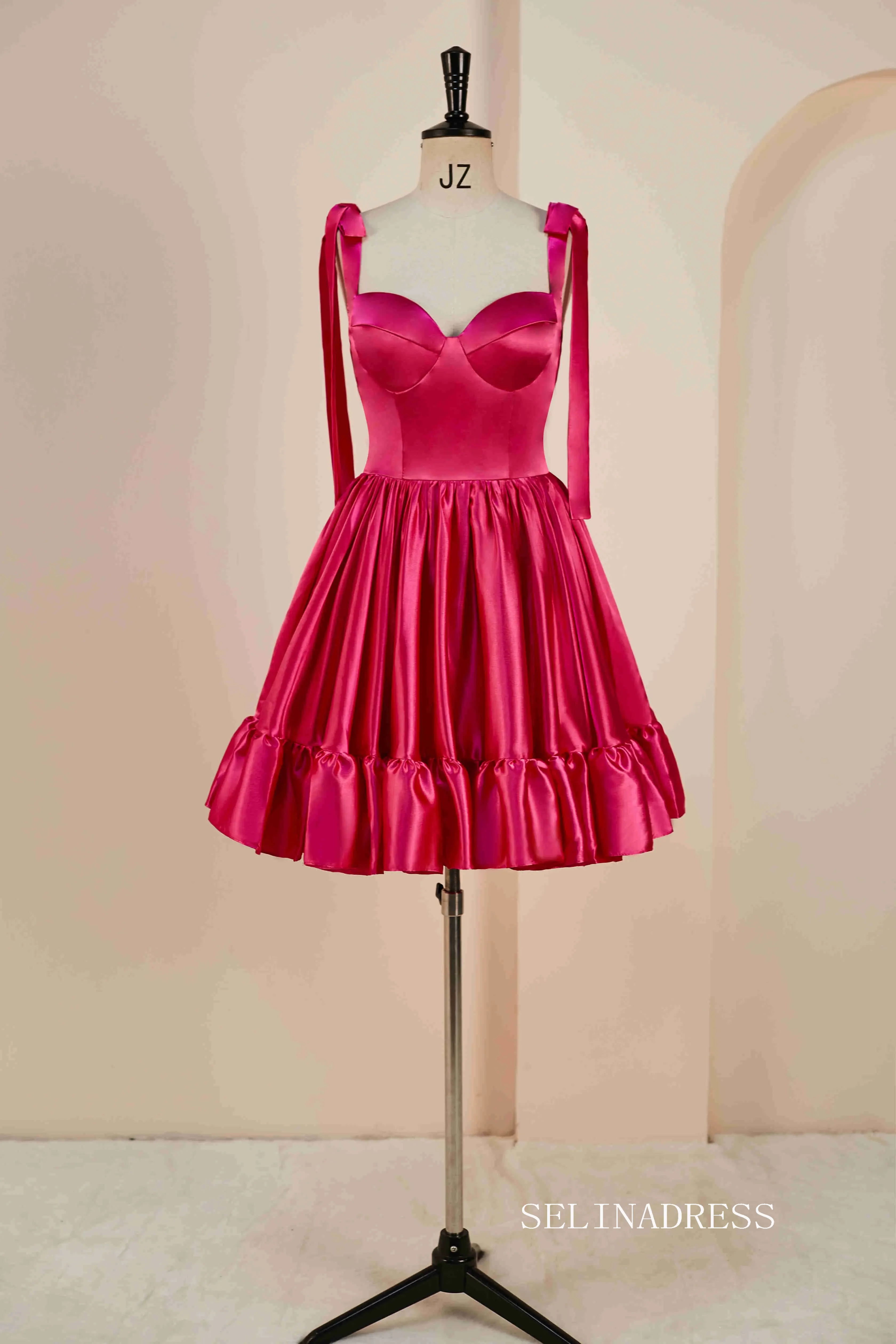 Hot Pink Bow Tie Ruffle Short Homecoming Dress JKW011